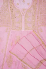 Srajann Hand Embroided Pink Mul Chanderi Lucknowi Chikankari Unstitched Kurta Dupatta Set