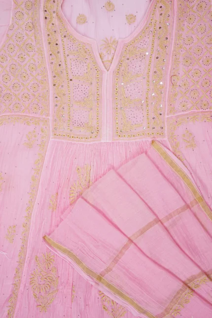 Srajann Hand Embroided Pink Mul Chanderi Lucknowi Chikankari Unstitched Kurta Dupatta Set