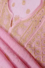Srajann Hand Embroided Pink Mul Chanderi Lucknowi Chikankari Unstitched Kurta Dupatta Set (SLC1671) - Image 9