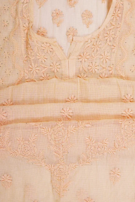 Srajann Hand Embroided Orange Kota Lucknowi Chikankari Unstitched Kurta Dupatta Set