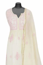 Srajann Hand Embroided Lemon Mul Chanderi Lucknowi Chikankari Unstitched Kurta Dupatta Set (SLC1673) - Image 4