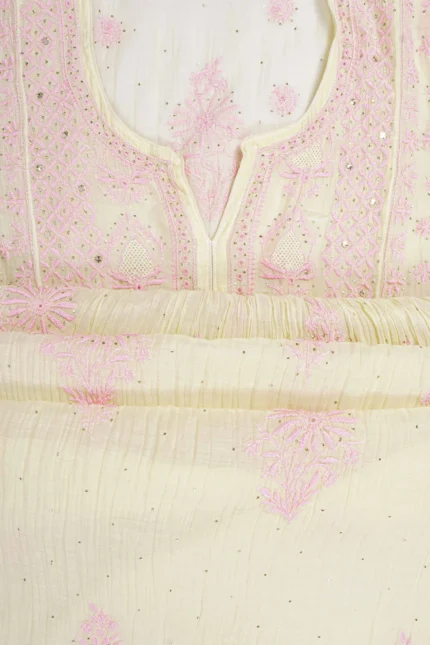 Srajann Hand Embroided Lemon Mul Chanderi Lucknowi Chikankari Unstitched Kurta Dupatta Set