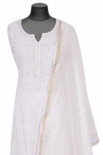 Srajann Hand Embroidered White Front Panel Croatia Lese Maheshwari Lucknow Chikankari Unstitched Kurta With Dupatta(SLC1400) - Image 4