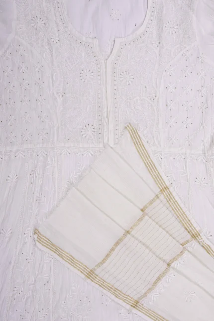 Srajann Hand Embroidered White Front Panel Croatia Lese Maheshwari Lucknow Chikankari Unstitched Kurta With Dupatta