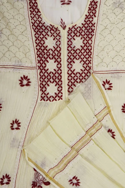 Srajann Hand Embroidered Fawn Mul Chanderi Lucknowi Chikankari Unstitched Kurta Dupatta Set