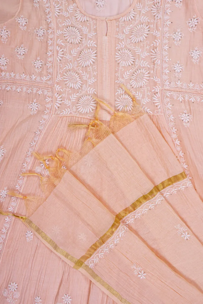 Srajann Hand Embroided Peach Mul Chanderi Lucknowi Chikankari Unstitched Kurta Dupatta Set