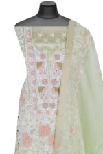 Srajann Hand Embroided Green Organza Lucknowi Chikankari Unstitched Kurta Dupatta Set (SLC1687) - Image 4