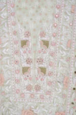 Srajann Hand Embroided Green Organza Lucknowi Chikankari Unstitched Kurta Dupatta Set