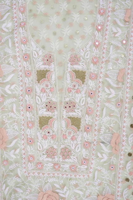 Srajann Hand Embroided Green Organza Lucknowi Chikankari Unstitched Kurta Dupatta Set