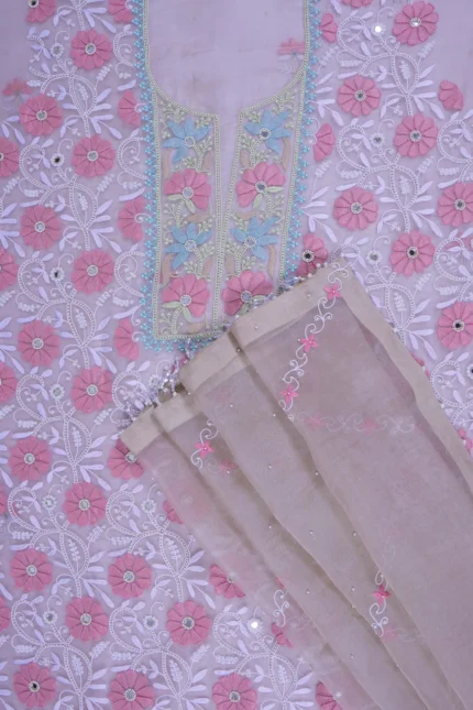 Srajann Hand Embroided Brown Organza Lucknowi Chikankari Unstitched Kurta Dupatta Set