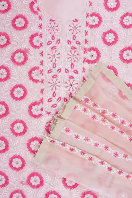 Srajann Hand Embroided Pink Organza Lucknowi Chikankari Unstitched Kurta Dupatta Set
