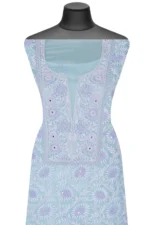 Srajann Hand Embroided Blue Organza Lucknowi Chikankari Unstitched Kurta Dupatta Set (SLC1695) - Image 3