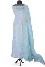 Srajann Hand Embroided Blue Organza Lucknowi Chikankari Unstitched Kurta Dupatta Set