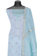 Srajann Hand Embroided Blue Organza Lucknowi Chikankari Unstitched Kurta Dupatta Set (SLC1695) - Image 4