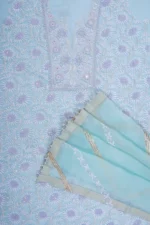 Srajann Hand Embroided Blue Organza Lucknowi Chikankari Unstitched Kurta Dupatta Set (SLC1695) - Image 7