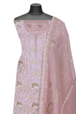 Srajann Hand Embroided Peach Organza Lucknowi Chikankari Unstitched Kurta Dupatta Set (SLC1697) - Image 2
