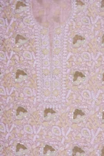 Srajann Hand Embroided Peach Organza Lucknowi Chikankari Unstitched Kurta Dupatta Set (SLC1697) - Image 7