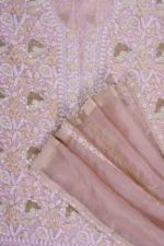 Srajann Hand Embroided Peach Organza Lucknowi Chikankari Unstitched Kurta Dupatta Set