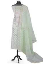 Srajann Hand Embroided Sea Green Organza Lucknowi Chikankari Unstitched Kurta Dupatta Set (SLC1698) - Image 3