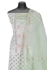 Srajann Hand Embroided Sea Green Organza Lucknowi Chikankari Unstitched Kurta Dupatta Set (SLC1698) - Image 4