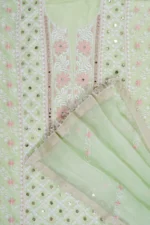 Srajann Hand Embroided Sea Green Organza Lucknowi Chikankari Unstitched Kurta Dupatta Set
