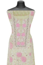 Srajann Hand Embroided Lemon Organza Lucknowi Chikankari Unstitched Kurta Dupatta Set (SLC1722) - Image 3