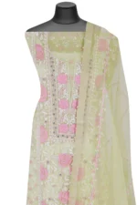 Srajann Hand Embroided Lemon Organza Lucknowi Chikankari Unstitched Kurta Dupatta Set (SLC1722) - Image 4