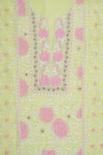 Srajann Hand Embroided Lemon Organza Lucknowi Chikankari Unstitched Kurta Dupatta Set (SLC1722) - Image 7