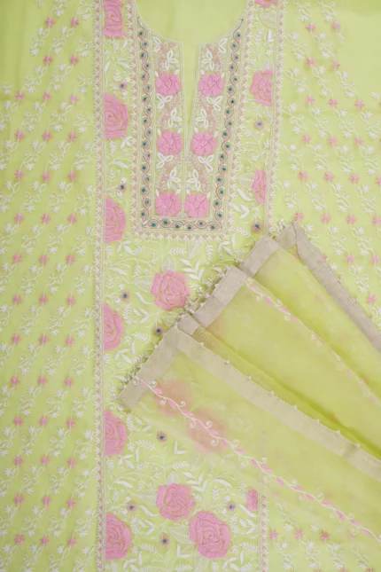 Srajann Hand Embroided Lemon Organza Lucknowi Chikankari Unstitched Kurta Dupatta Set