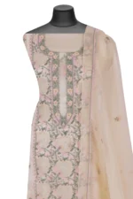 Srajann Hand Embroided Green Organza Lucknowi Chikankari Unstitched Kurta Dupatta Set (SLC1724) - Image 4