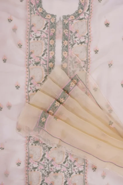 Srajann Hand Embroided Green Organza Lucknowi Chikankari Unstitched Kurta Dupatta Set