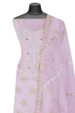 Srajann Hand Embroided Cream Organza Lucknowi Chikankari Unstitched Kurta Dupatta Set (SLC1728) - Image 4