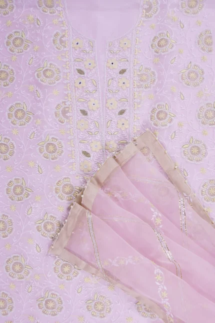 Srajann Hand Embroided Cream Organza Lucknowi Chikankari Unstitched Kurta Dupatta Set