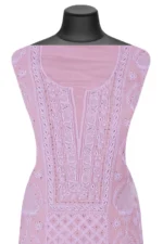 Srajann Hand Embroided Pink Organza Lucknowi Chikankari Unstitched Kurta Dupatta Set (SLC1755) - Image 3