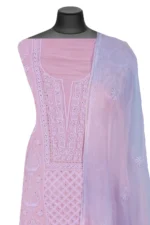Srajann Hand Embroided Pink Organza Lucknowi Chikankari Unstitched Kurta Dupatta Set (SLC1755) - Image 4