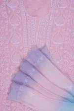 Srajann Hand Embroided Pink Organza Lucknowi Chikankari Unstitched Kurta Dupatta Set