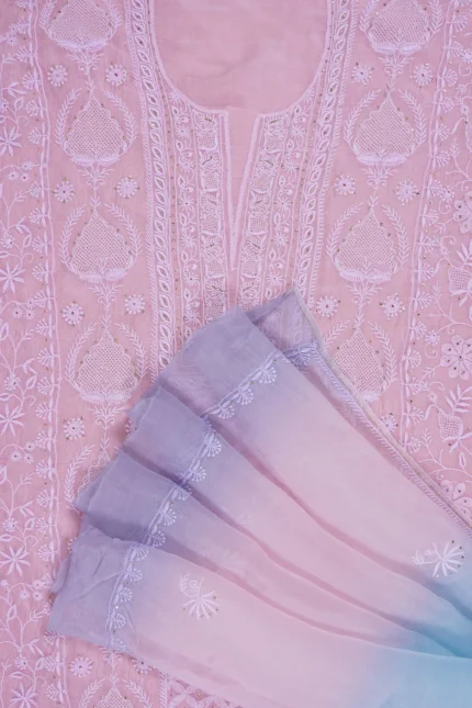 Srajann Hand Embroided Pink Organza Lucknowi Chikankari Unstitched Kurta Dupatta Set
