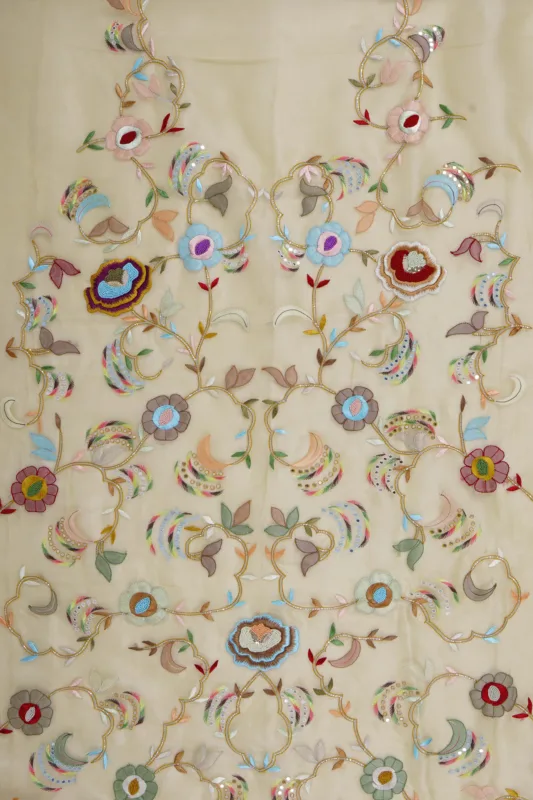 Srajann Hand Embroided Beige Organza Lucknowi Chikankari Unstitched Kurta Dupatta Set