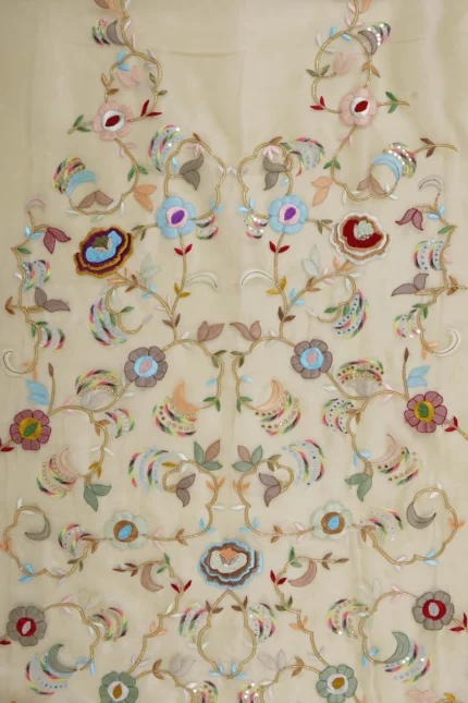 Srajann Hand Embroided Beige Organza Lucknowi Chikankari Unstitched Kurta Dupatta Set