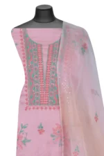 Srajann Hand Embroided Peach Organza Lucknowi Chikankari Unstitched Kurta Dupatta Set (SLC1743) - Image 4