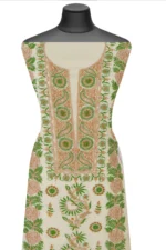 Srajann Hand Embroided Cream Organza Lucknowi Chikankari Unstitched Kurta Dupatta Set (SLC1741) - Image 3