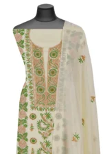 Srajann Hand Embroided Cream Organza Lucknowi Chikankari Unstitched Kurta Dupatta Set (SLC1741) - Image 4