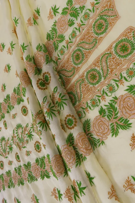 Srajann Hand Embroided Cream Organza Lucknowi Chikankari Unstitched Kurta Dupatta Set