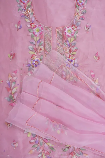 Srajann Hand Embroided Pink Organza Lucknowi Chikankari Unstitched Kurta Dupatta Set