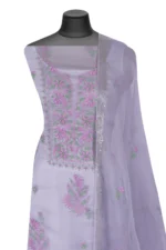 Srajann Hand Embroided Grey Organza Lucknowi Chikankari Unstitched Kurta Dupatta Set (SLC1738) - Image 5