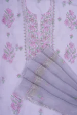 Srajann Hand Embroided Grey Organza Lucknowi Chikankari Unstitched Kurta Dupatta Set