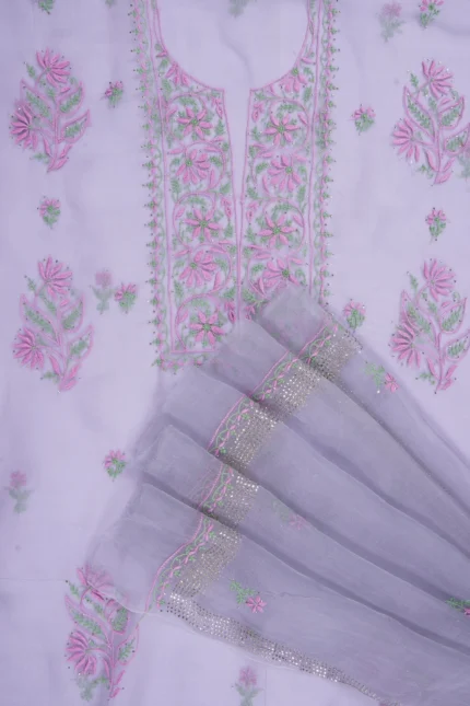 Srajann Hand Embroided Grey Organza Lucknowi Chikankari Unstitched Kurta Dupatta Set