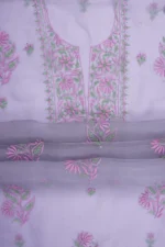 Srajann Hand Embroided Grey Organza Lucknowi Chikankari Unstitched Kurta Dupatta Set (SLC1738) - Image 10