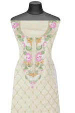 Srajann Hand Embroided Cream Organza Lucknowi Chikankari Unstitched Kurta Dupatta Set (SLC1737) - Image 3