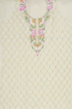 Srajann Hand Embroided Cream Organza Lucknowi Chikankari Unstitched Kurta Dupatta Set (SLC1737) - Image 5